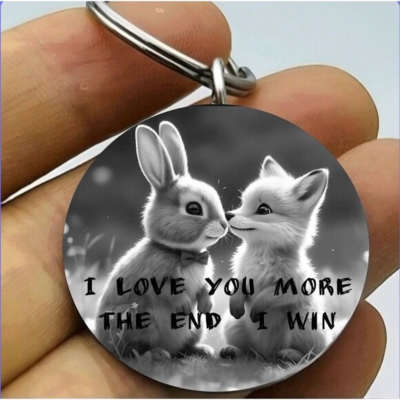 I Love You More The End I Won Rabbit Wolf Hot Cute Animal Stainless Steel Keycha - Picture 1 of 2
